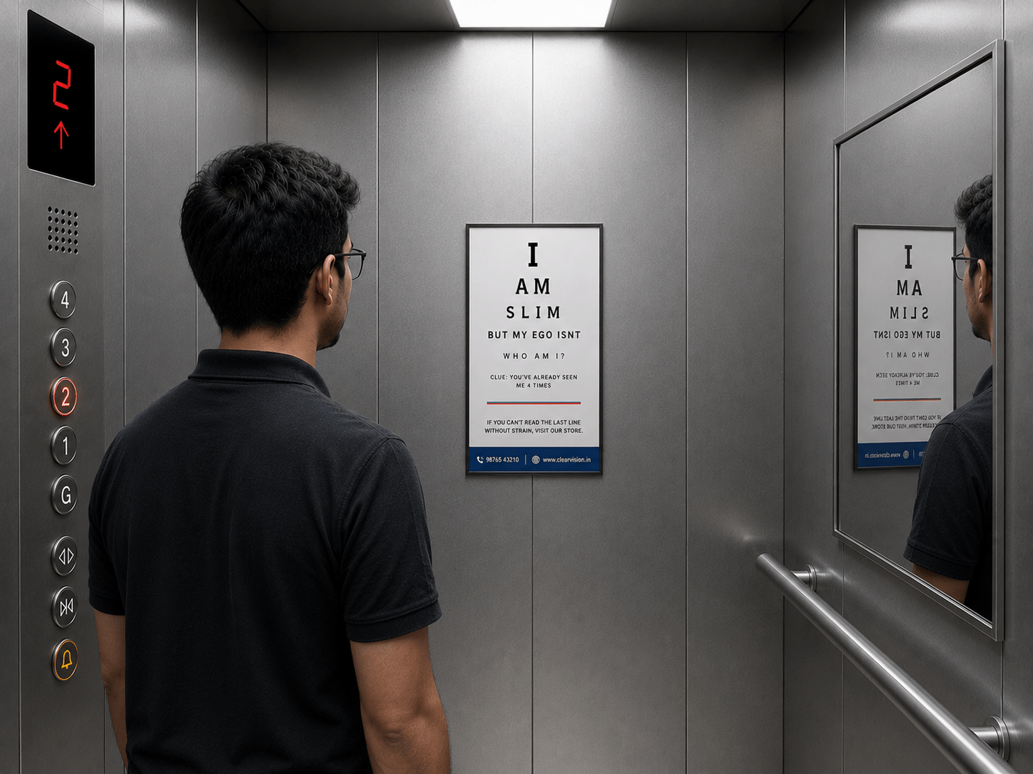A chart pasted on elevator with a riddle to market a store in a creative way.
